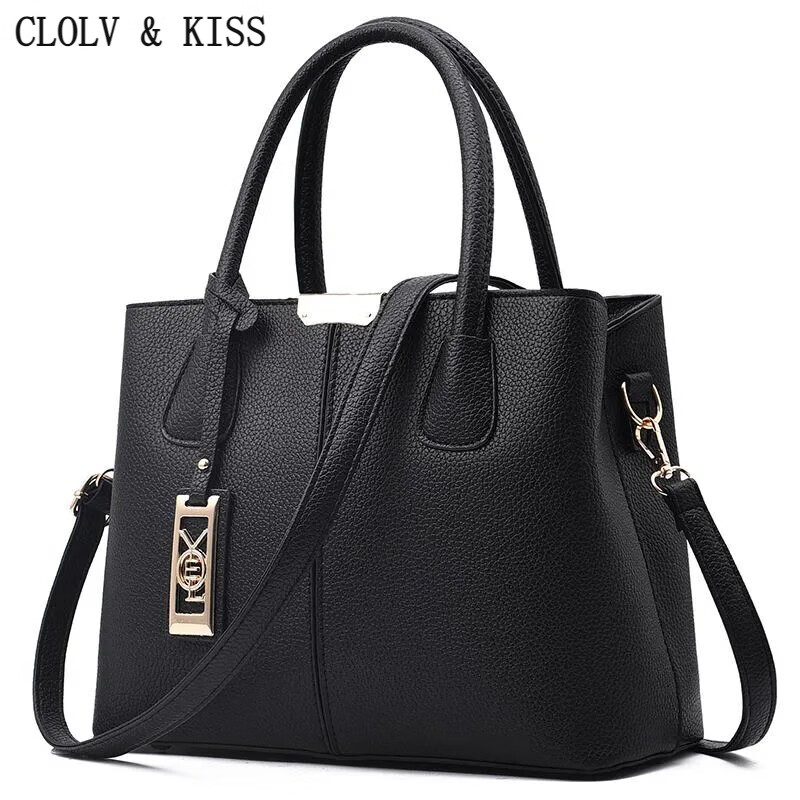 clolv kiss2024年新款女包手提包斜挎包时尚百搭潮流大款女包包 黑色+挂件