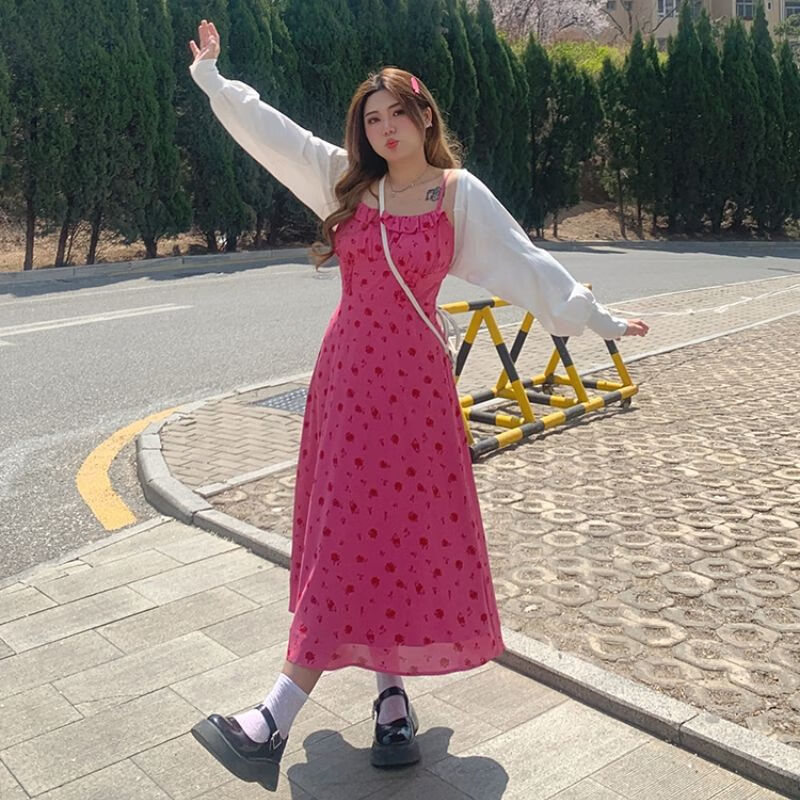 大码胖mm显白裙夏季新款修身显瘦遮肉甜美女 火龙果色 m(85-100斤)