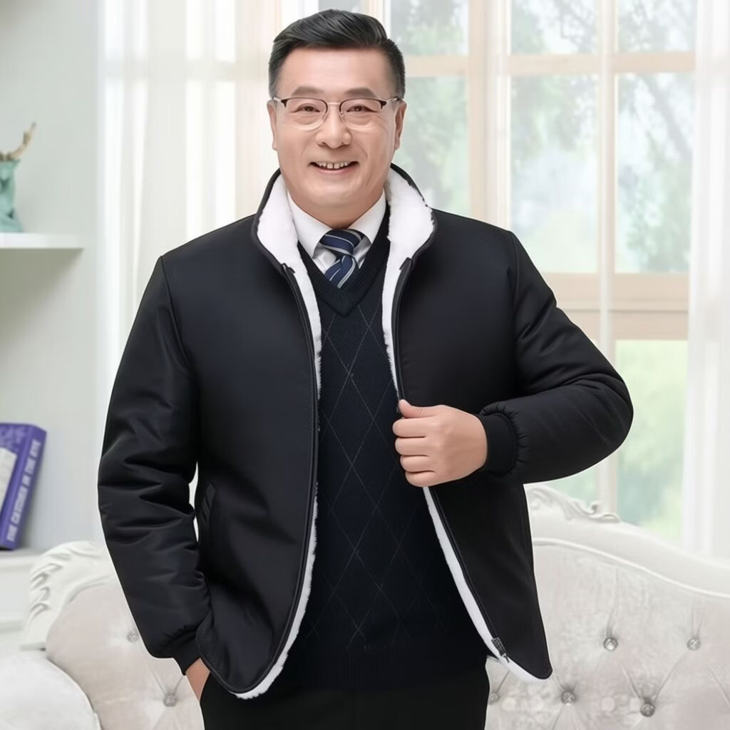 中老年男装外套2026冬季加厚加绒仿皮毛一体大衣潮男士夹克棉服 黑色加厚保暖 5XL 190-210斤