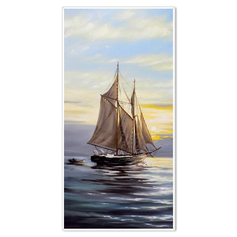 橙央轻奢高端现代简约北欧手绘油画海边帆船竖版日出大幅装饰 白色