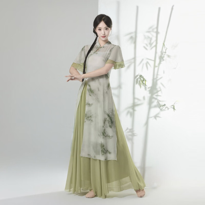 澳顏萊新款古典舞演出服女飄逸中國風(fēng)舞蹈練功服旗袍紗衣古風(fēng)舞蹈演出服 荷葉袖旗袍上衣+綠裙褲 XXL