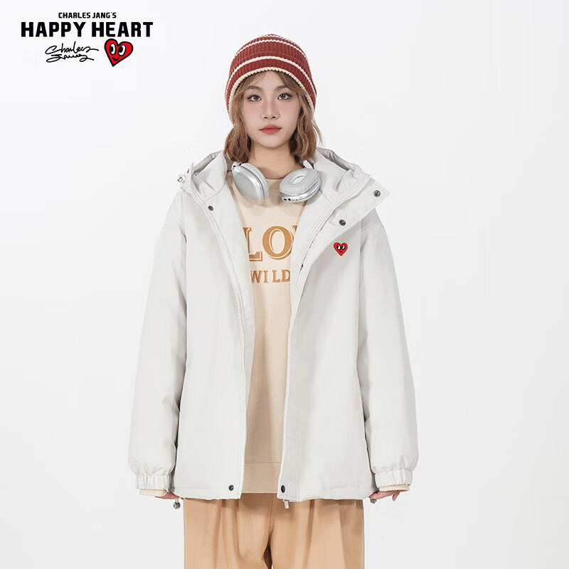 查尔斯桃心山系户外连帽冲锋羽绒服男女冬季加厚保暖宽松简约防风情侣外套潮 杏色 2XL