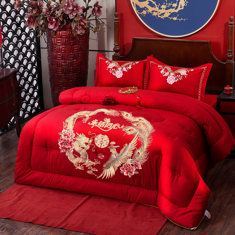 白萱大红结婚被子 春秋冬被芯 接亲送礼新房铺床被陪嫁双人被龙凤刺绣