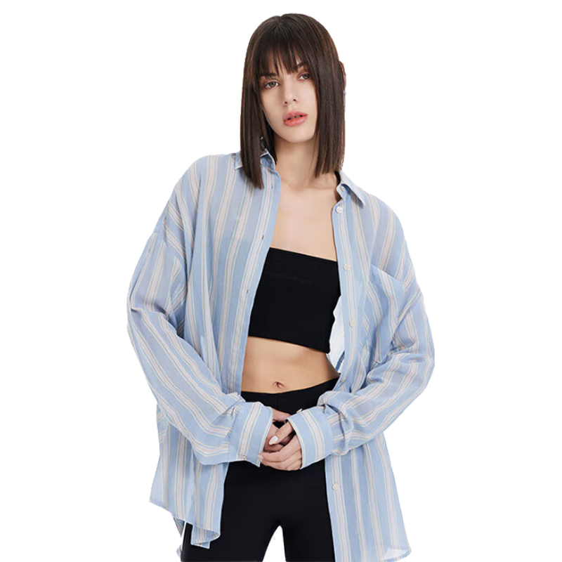 金羽杰小眾薄透豎條紋長袖襯衫女士中長款春夏季寬松罩衫襯衣S241SH187Y 寬藍粉條 S 適合135斤以下