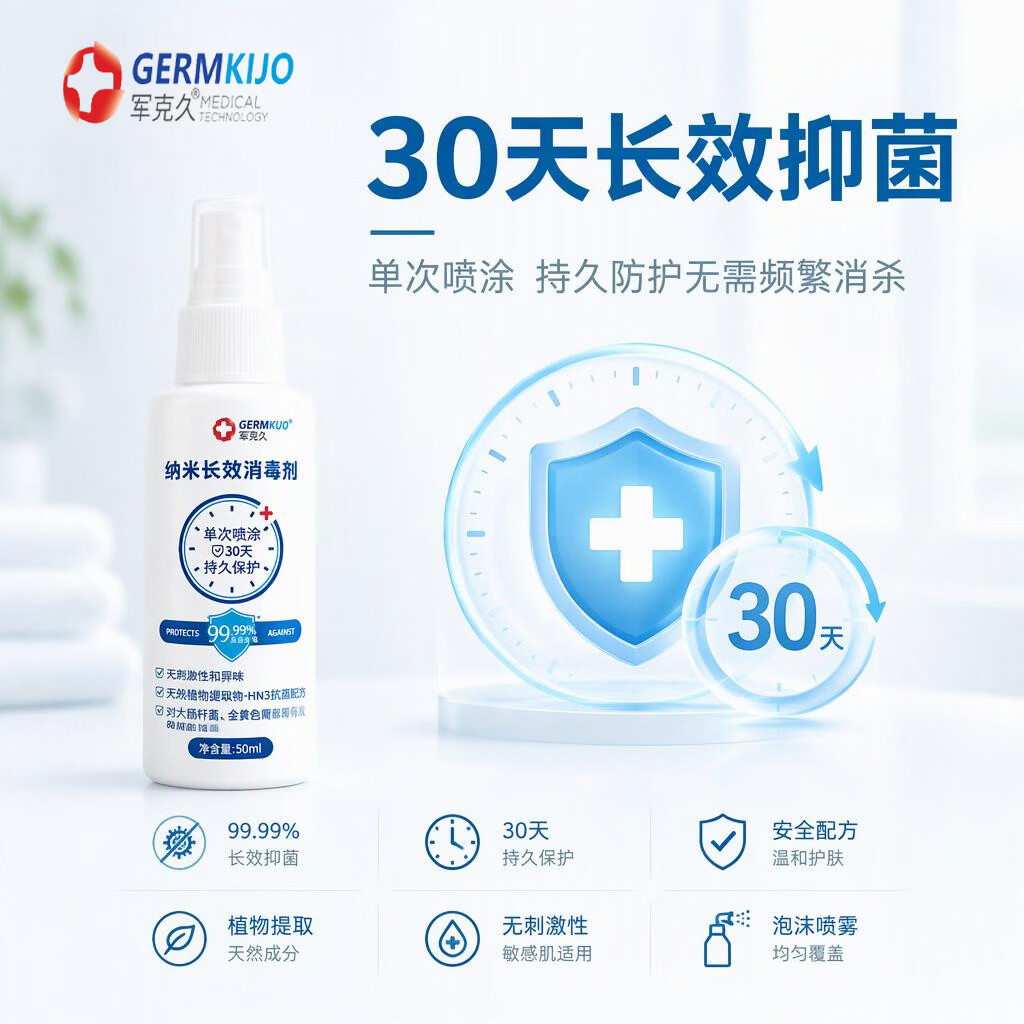军克久纳米长效消毒剂 免洗清洁 深层消菌30天持久 50ml 免洗消杀型 五盒装