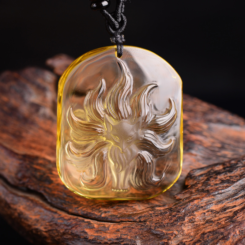 慈灵阁 黄水晶狐狸吊坠九尾狐水晶饰品项链双狐狐仙 全净体