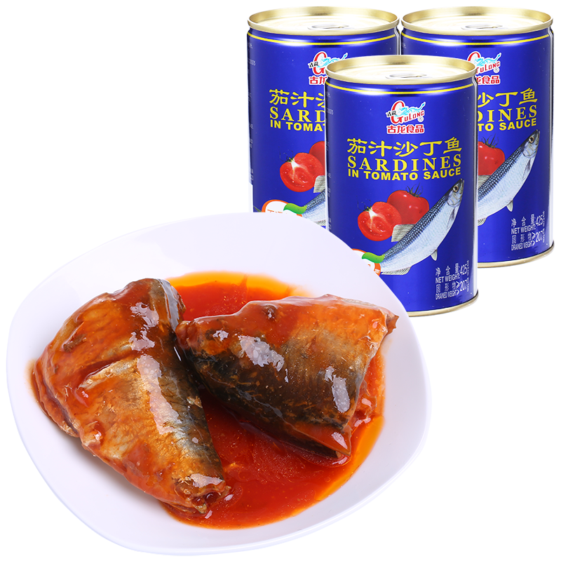 古龙食品茄汁沙丁鱼（蓝标）425g*3罐装 海鲜水产沙丁鱼类罐头