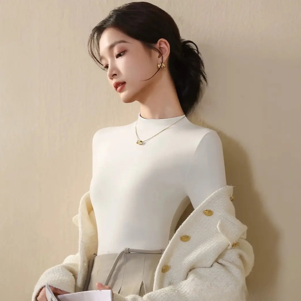 kola小立领0聚酯莫代尔半高领修身常规款保暖女长袖打底无痕内穿 【2件装】白色+黑色 M （80-100斤)