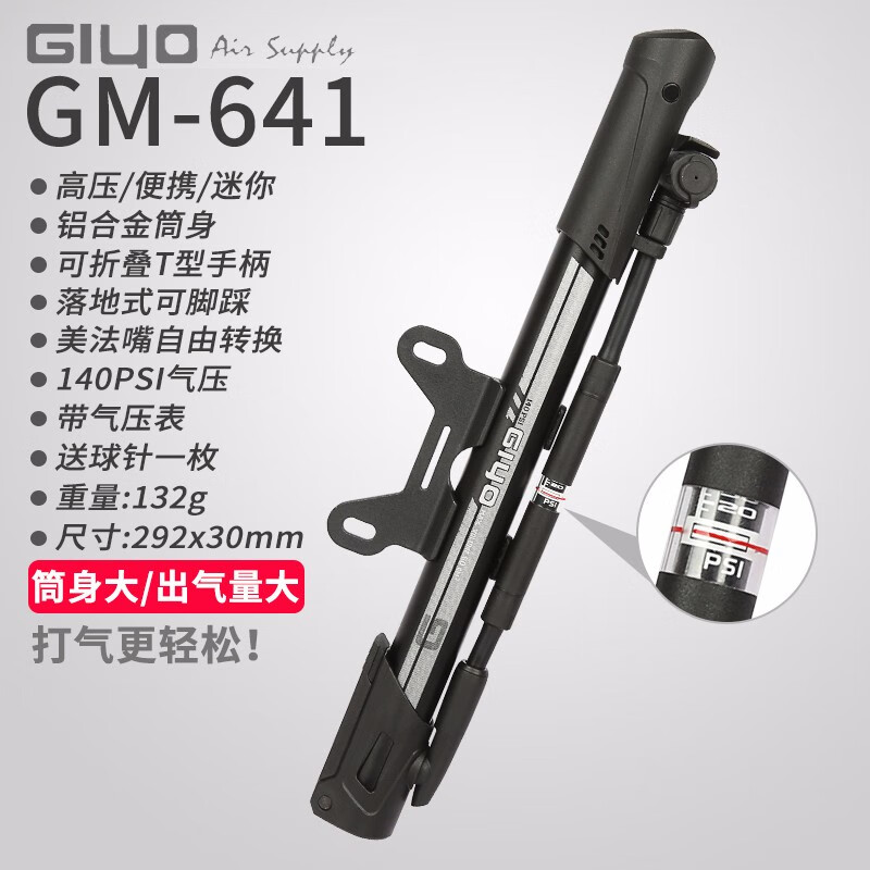 GIYO 台湾山地公路自行车家用迷你高压便携式打气筒落地式打气筒带气压表 GM-641（带气压表）