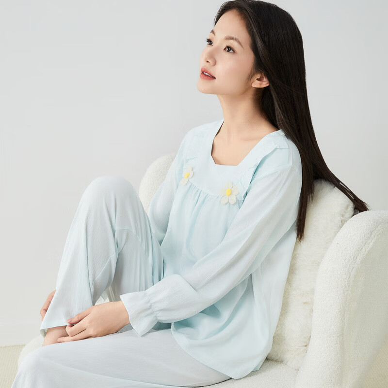 香蜜闺秀(GOSO)【自带胸垫】睡衣女士春秋长袖套头感亲肤可外穿家居服套装 浅蓝 M