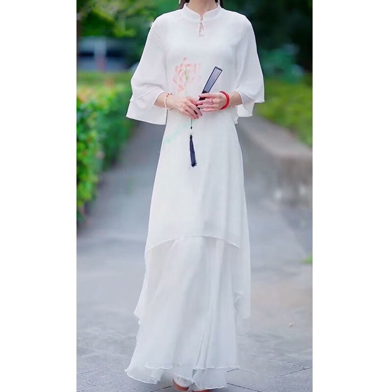 知特复古女装中国风禅服女唐茶服禅意文艺雪纺连衣裙 白色上衣(不包括