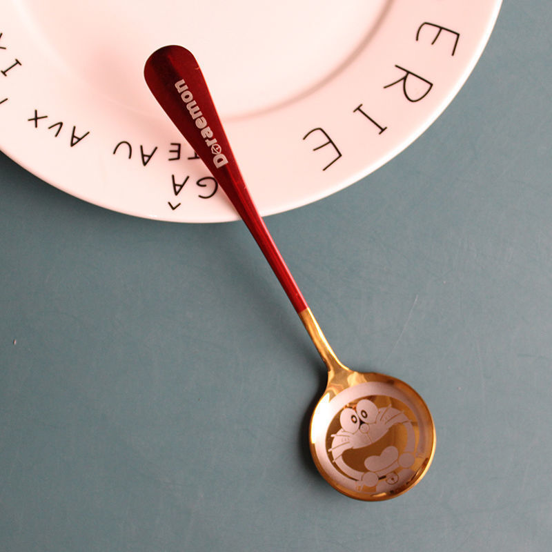 【姒桀精品】不锈钢勺子家用网红圆勺精品勺创意ins韩式小勺可爱女神勺 红叮当猫(金头)2只装