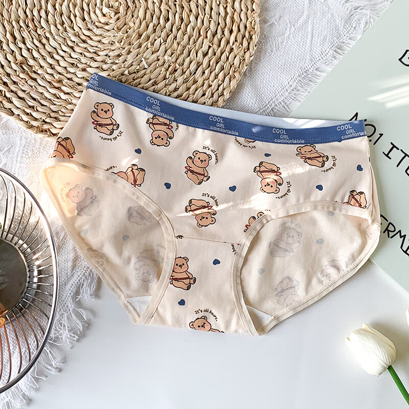 情侣内裤可爱小熊女士内裤卡通四角裤青少年透气平角裤 杏色 1条 M
