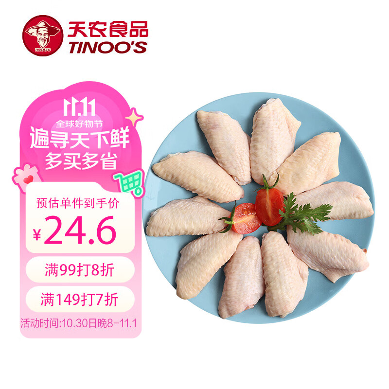 天农供港鸡翅中1斤拍5件仅需60.8元，享弹9.6折立减+4卡返利