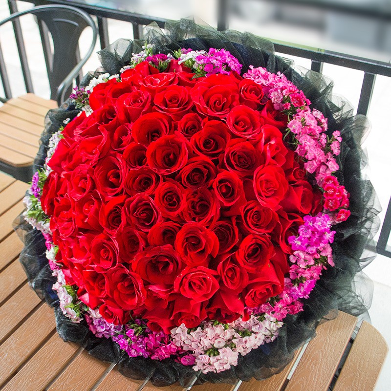 欣尚 鲜花速递99朵红玫瑰花束送女友表白生日礼物同城配送 99朵红玫瑰黑纱-女神款