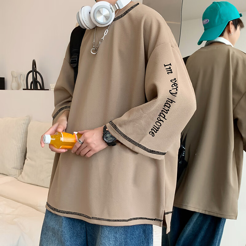 朋心(pengxin)刺绣冰丝九分袖t恤男潮牌ins港风潮流oversize夏季薄款