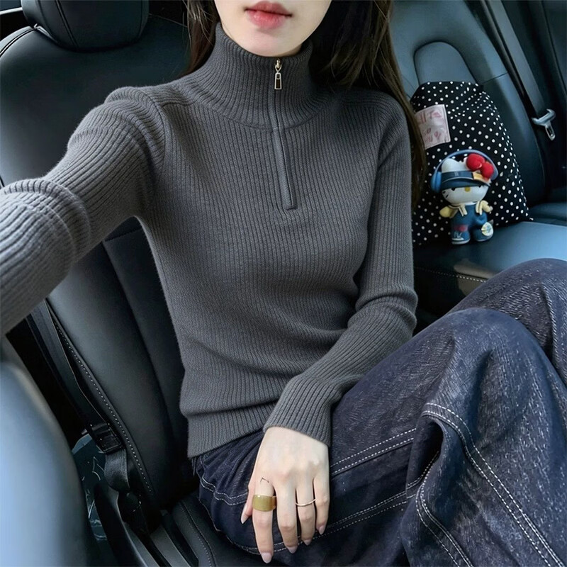 欣依朵安迪绒灰色高领拉链针织衫上衣女2026冬季新款百搭保暖毛衣打底衫 深灰色 【专柜品质】 XL 【116-140斤】