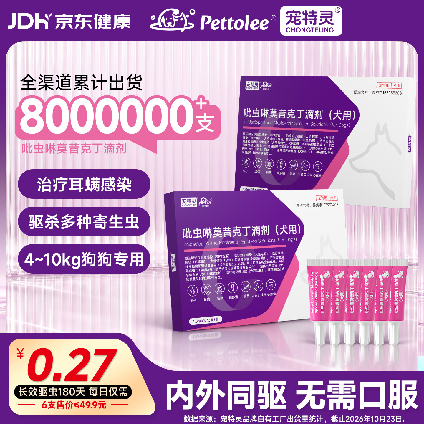 PETTOLEE宠特灵宠物驱虫药 吡虫啉莫昔克丁滴剂 6支【大狗用】4~10kg内外同驱 1.0ml*6支