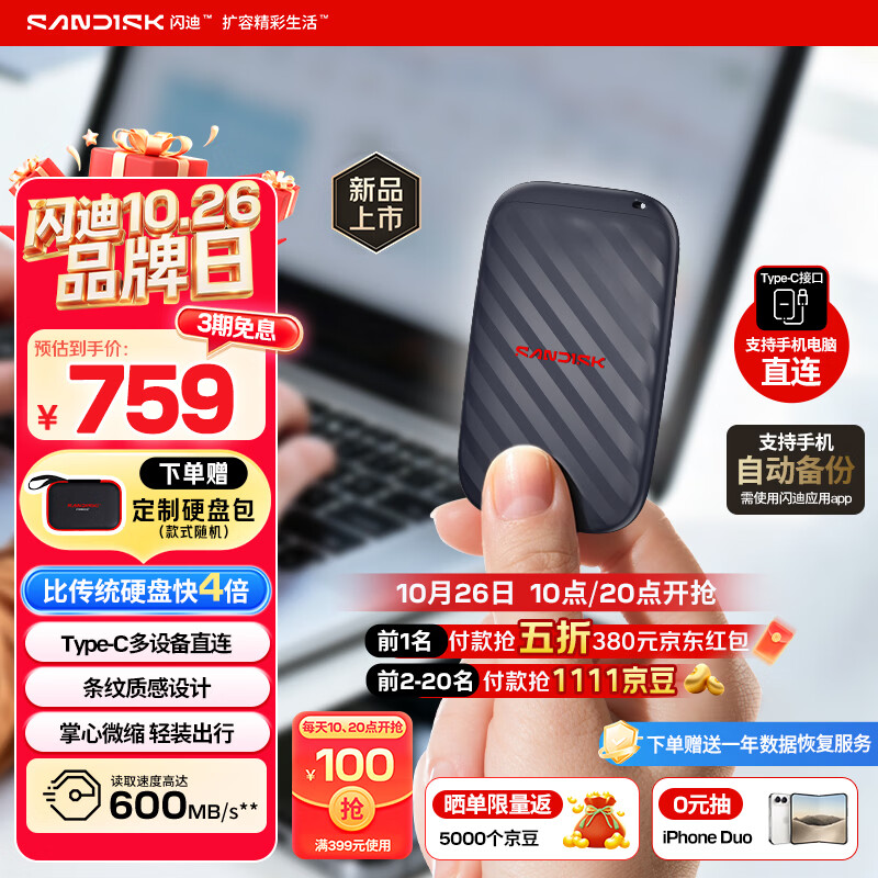 Sandisk闪迪精灵 ELE SE 1TB 移动硬盘   读速600MB/s  Type-C USB3.2手机直连笔记本电脑 外接存储  固态硬盘