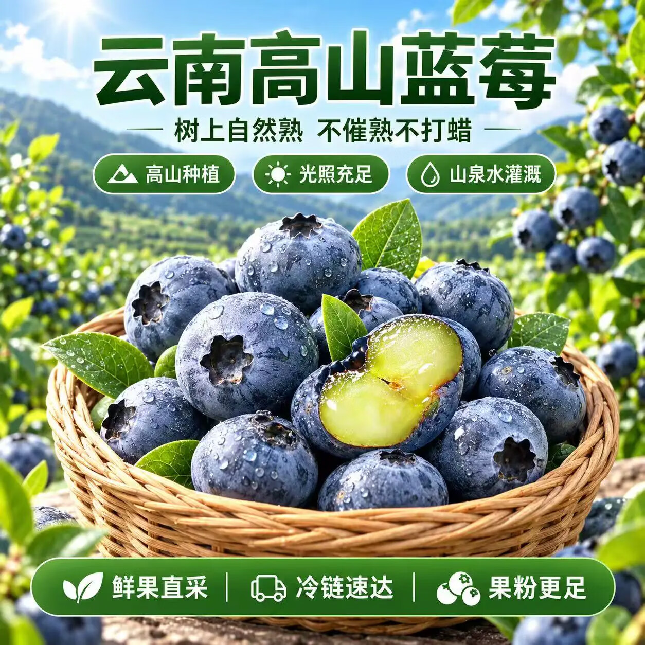 东鲜丰云南蓝莓【JD】超大果蓝莓新鲜水果送礼 6盒装单果15mm+ 100g/盒 京东折扣/优惠券