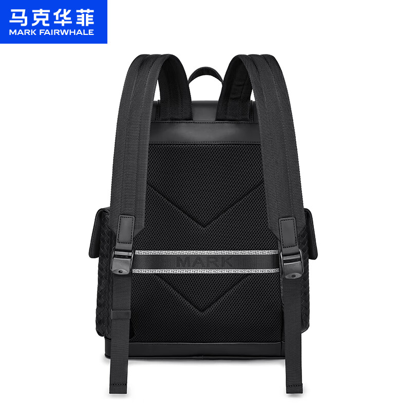 马克华菲2025新款编织商务双肩包通勤男士大容量背包潮流休闲百搭电脑男包 典雅黑双肩包
