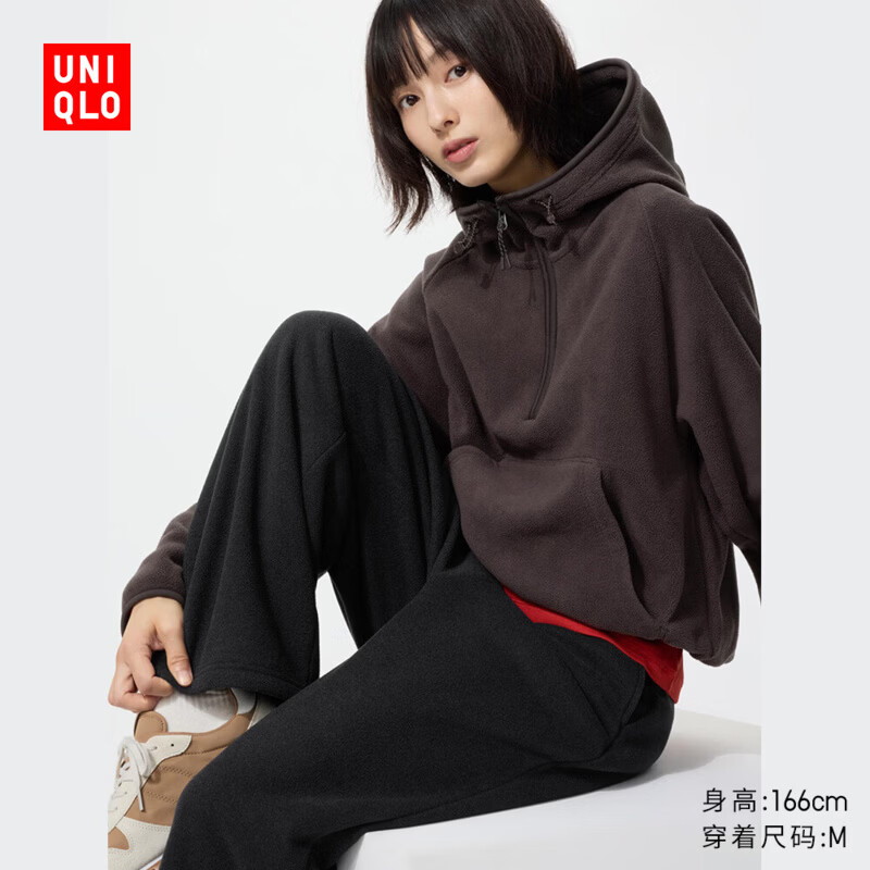 优衣库摇粒绒舒适长裤女装休闲裤裤子491158 09 黑色 M