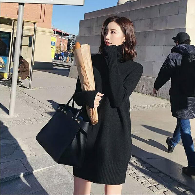 胖妹妹打底连衣裙配大衣300斤大码女秋冬新款针织裙子内搭中长款 黑色