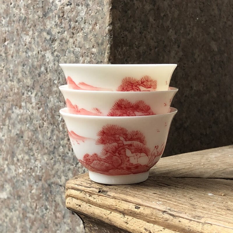 阿马福云潮州枫溪手绘功夫茶具八十年代潮州枫溪窑彩瓷厂老手绘矾红贡红工 3·个 矾红山水手绘 54·毫升··ml每·个