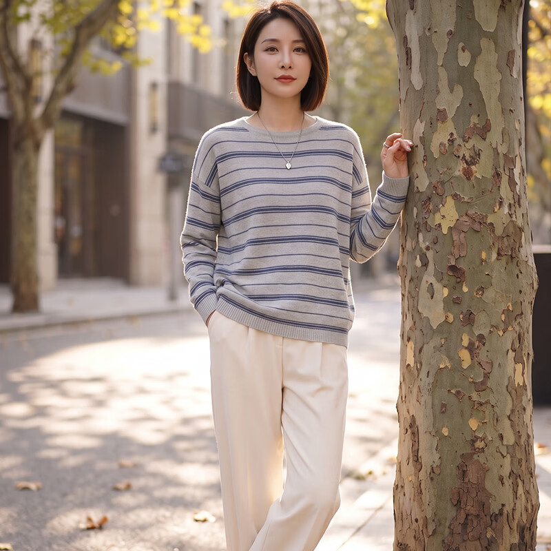 欣依朵天丝莱赛尔时尚条纹圆领长袖针织衫女2026秋新款百搭显瘦减龄上衣 灰蓝条纹【专柜品质】 L 【85-115斤】