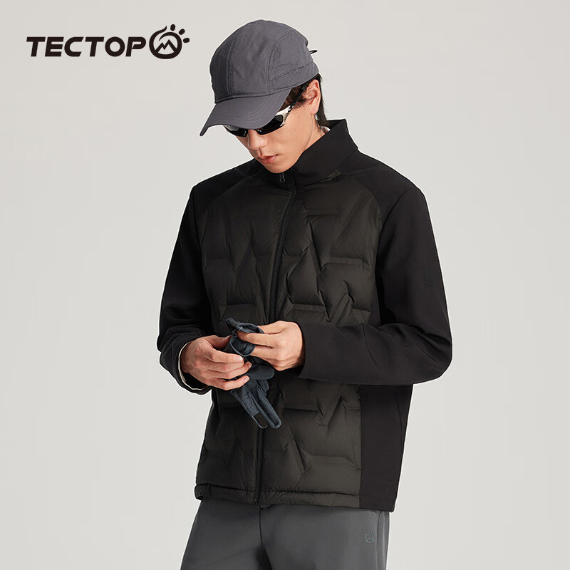 探拓(TECTOP)户外轻薄羽绒服男女2024秋冬新款鸭绒保暖防风防钻绒连帽夹克外套 男款云墨黑 S