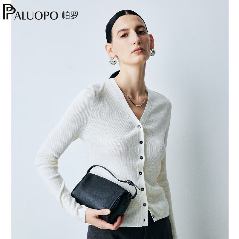 帕罗(PALUOPO)【精纺可机洗】秋冬新款v领纯羊毛开衫女针织衫毛衣60支扬子纱 白色 S 155/95