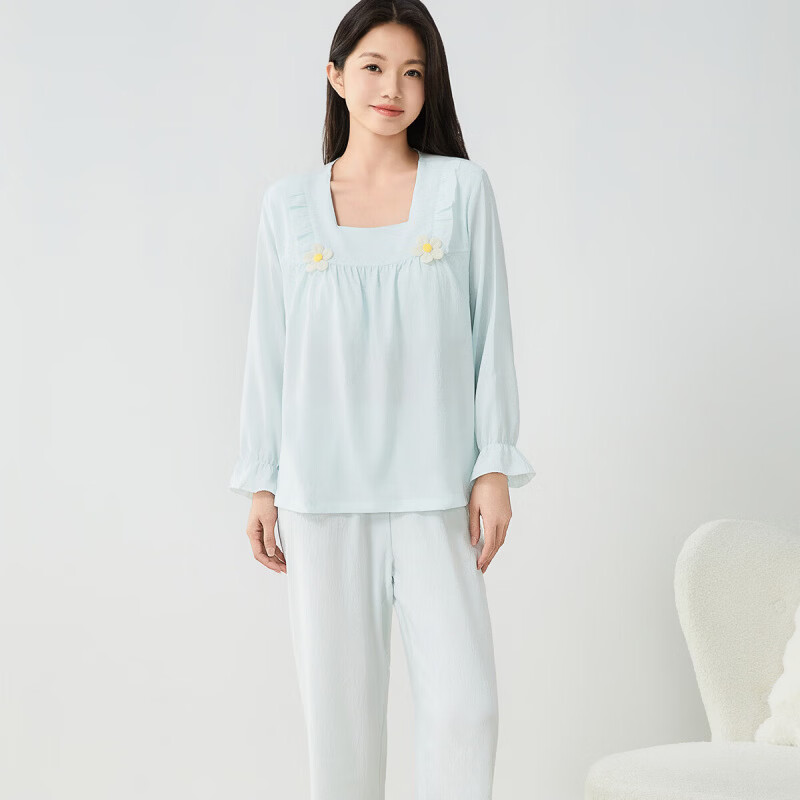 香蜜闺秀(GOSO)【自带胸垫】睡衣女士春秋长袖套头感亲肤可外穿家居服套装 浅蓝 M