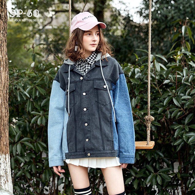 SP-68牛仔外套女秋款灰蓝拼接牛仔上衣女短款百搭宽松韩版设计夹克牛仔 Y-NZ137 均码