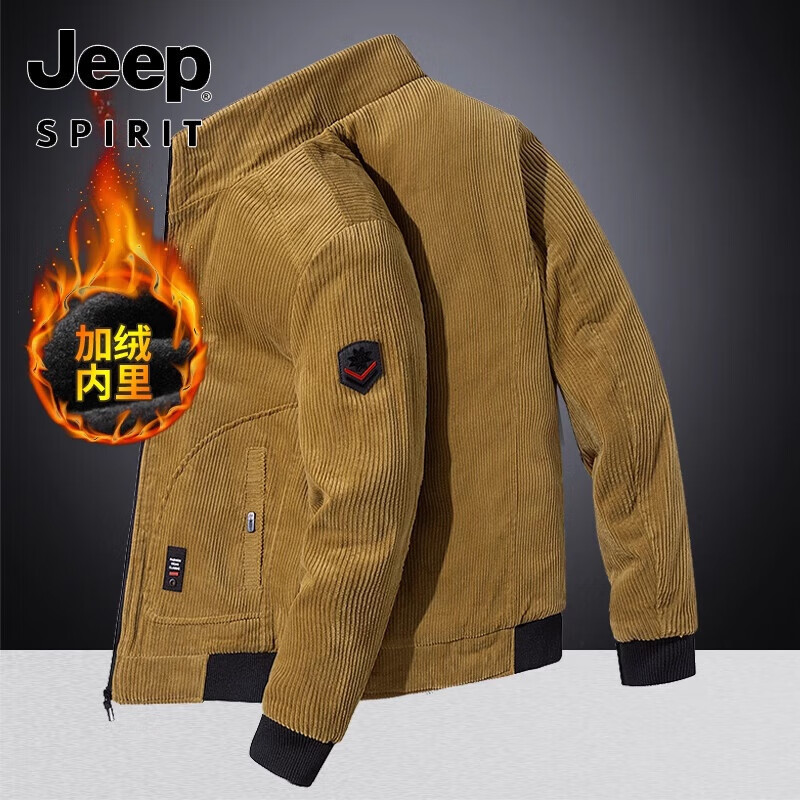 JEEP棉衣男冬季新款保暖外套新款灯芯绒加绒加厚休闲毛领大码纯棉外套 黑色【加棉加绒款】 L