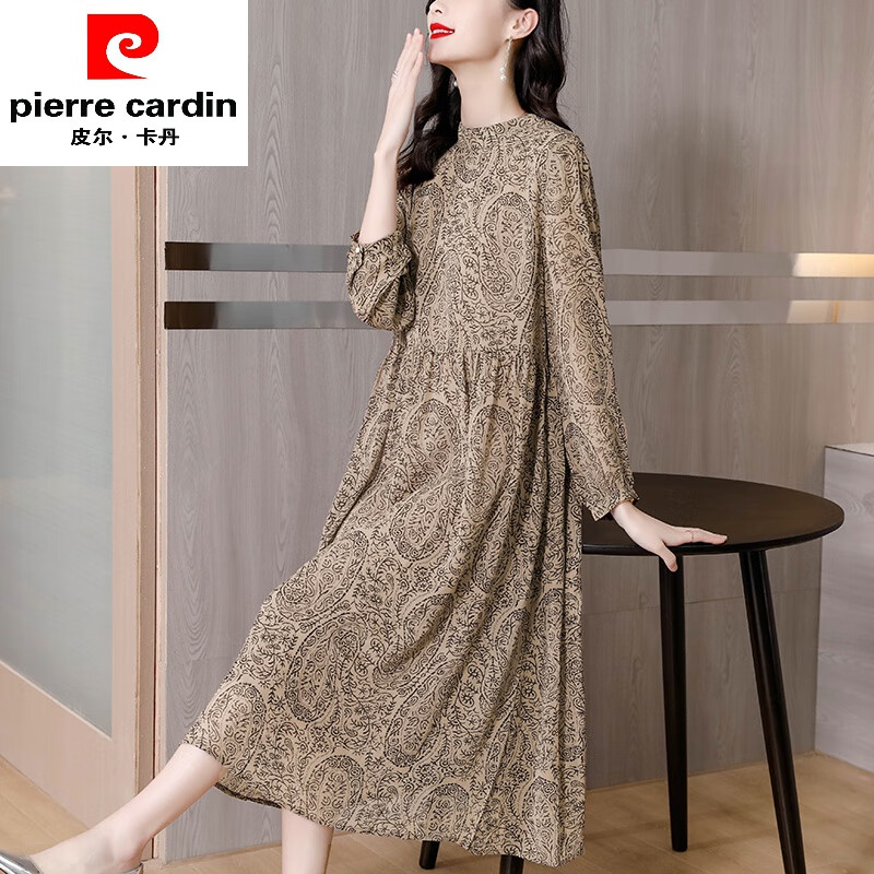 皮尔卡丹轻奢高档真丝品牌连衣裙碎花长袖新款高端大m码气质蚕素女装