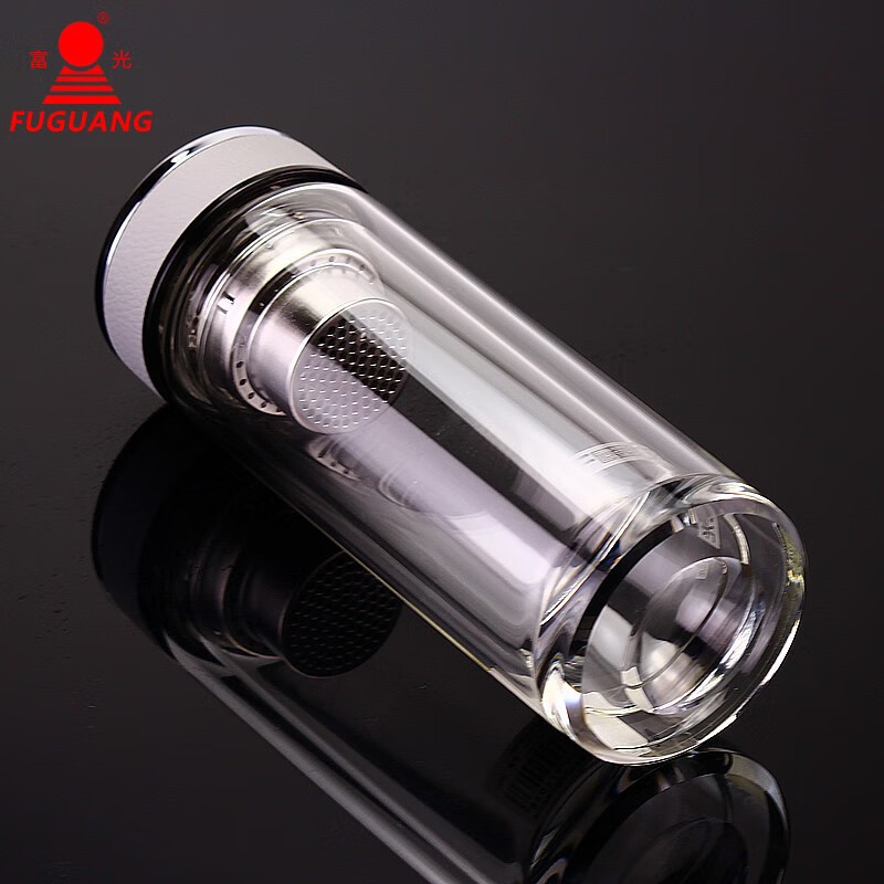 富光双层水晶玻璃杯350ml透明带盖创意便携加厚底杯子礼盒装 黑色 300