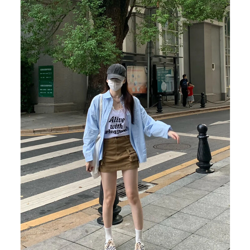 雷黛茜浅蓝色正肩衬衫韩系女衬衣单穿内搭长袖上衣秋季外套 蓝色 100%-男女 S