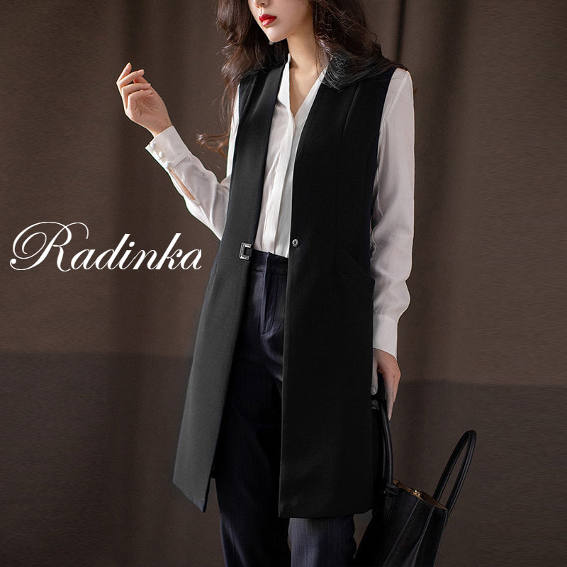 radinka2025春秋新款中长款西装马甲女商务休闲背心马甲外套女 黑色 m
