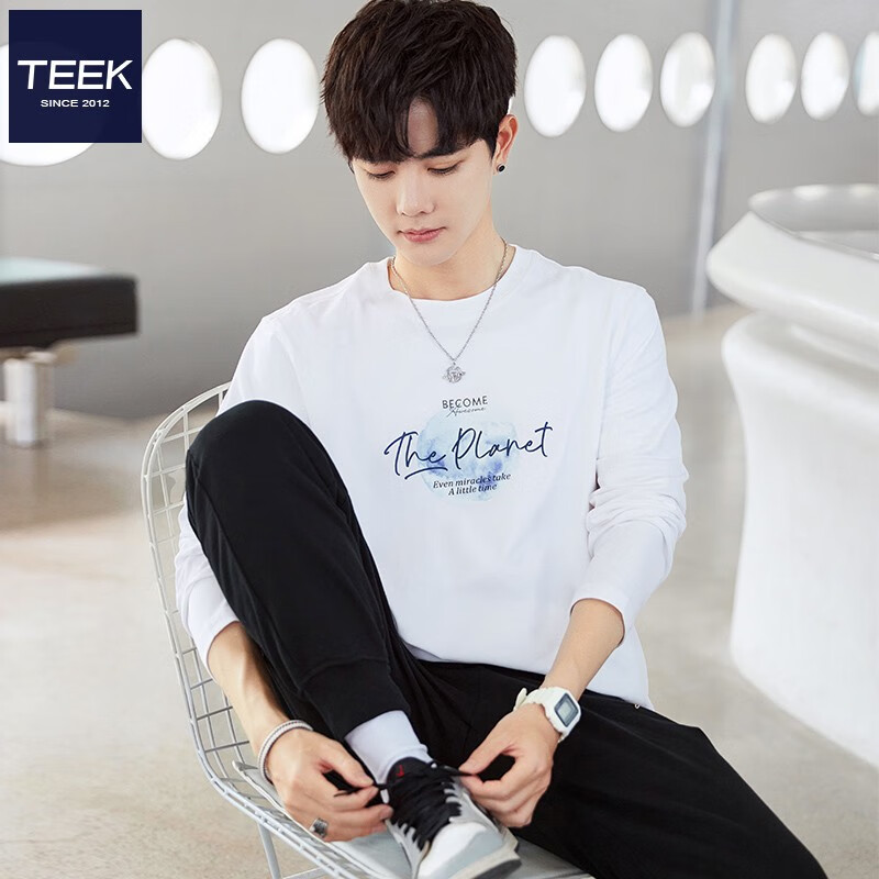 TEEK重磅水柔棉长袖t恤男装秋装 青年字母印花上衣2025秋冬季时尚衣服 HE636白色 L