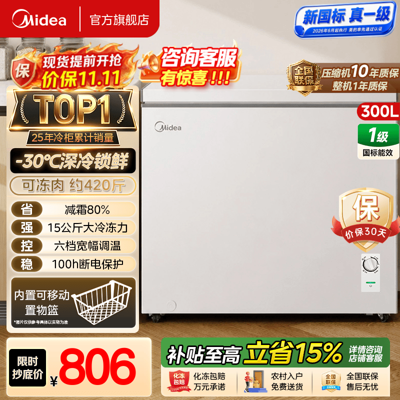 美的（Midea）冰柜80%减霜双重抗菌家用柜冷冻冷藏两用卧式冷柜一级能效小型节能囤货小冰箱  大容量