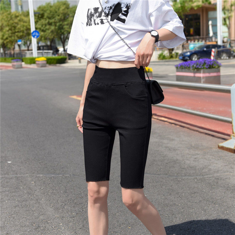 微胖女孩紧身中裤大码牛仔短裤五分裤女外穿夏季弹力薄款高腰四分短裤