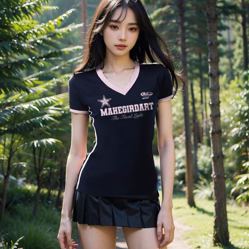 TAKE MOVE夏季新款美式复古休闲百搭辣妹V领撞色短袖女修身体恤衫显瘦上衣 藏青粉【星星】 M (95-110斤) 京东折扣/优惠券