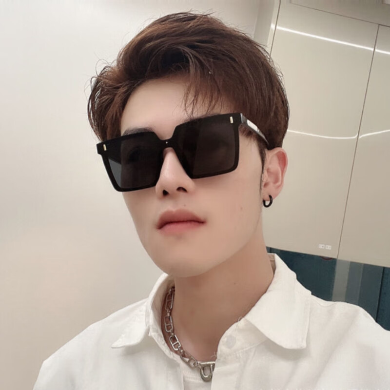 亮视 墨镜女男新款竖钉连体片大框方形太阳镜时尚潮流防晒眼睛 黑框