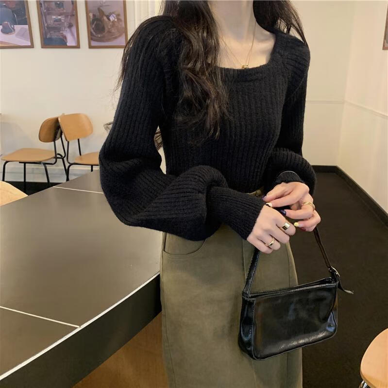 朵貌纯色长袖方领毛衣女秋季2022新款纯欲软糯小个子打底内搭针织上衣 黑色 XL建议120135斤