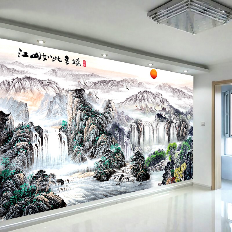梵帝欧 办公室会客厅沙发背景墙壁画电视墙壁纸中式鸿运当头水墨山水