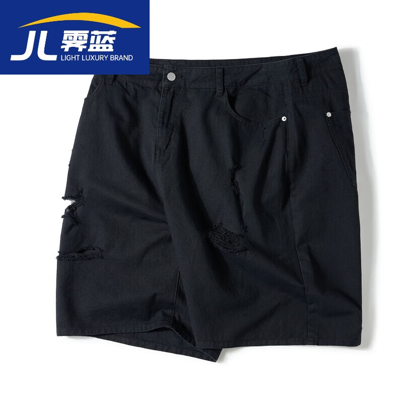 霁蓝大码男装时尚胖子黑色牛仔裤加肥加大号宽松夏季破洞短裤男 黑色 现货 48小时内发 38属于什么档次？