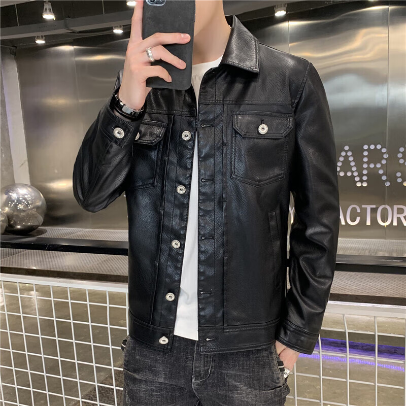 翻领真皮皮衣男潮秋冬机车服大码外套海宁软绵羊皮草刺绣二战夹克 黑色 2XL
