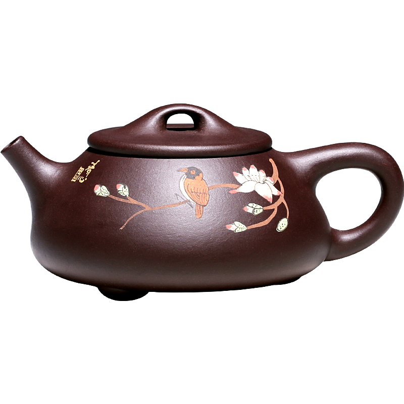 古悅堂 宜興紫砂壺純?nèi)止っ壹矣米夏嗫汤L石瓢壺茶壺茶具套裝 彩繪款-單壺 240ml