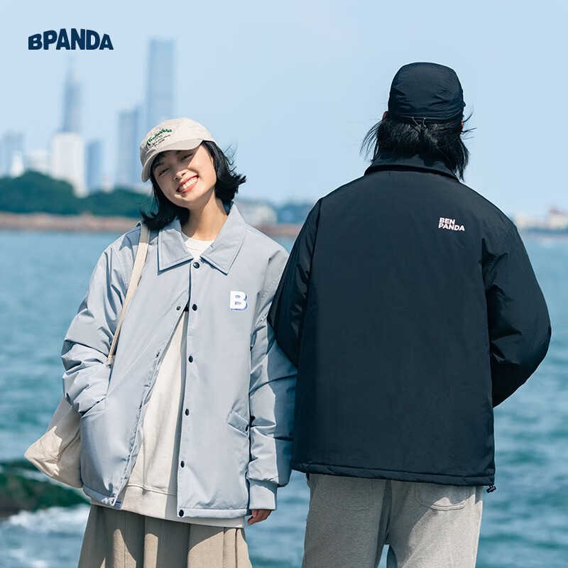 熊猫·本（ben.panda）棉服男潮牌翻领宽松休闲秋冬工装棉衣多穿情侣外套 灰蓝色（A款) 2XL