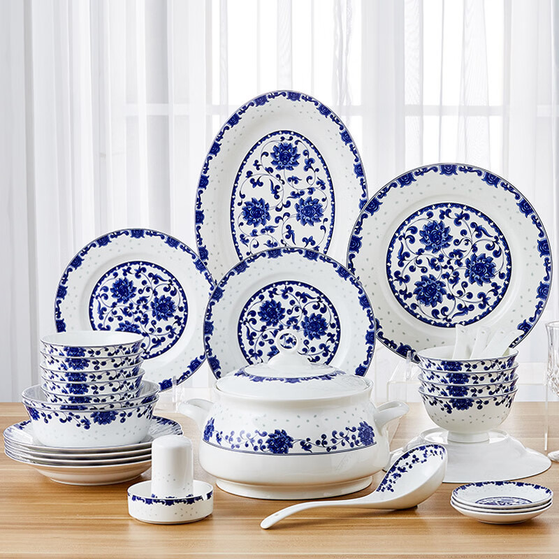 御夢賜軒 中式餐具碗碟套裝家用景德鎮(zhèn)青花瓷碗套裝陶瓷器碗盤子組合